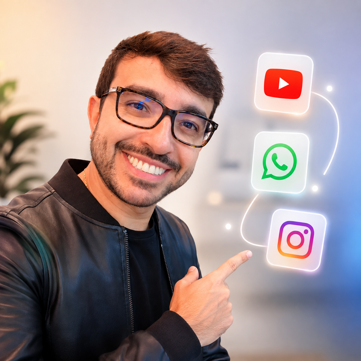 Fernando Brasão apontando para os ícones do YouTube, WhatsApp e Instagram
